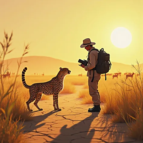 (((modern digital illustration))),In the vast African savannah, among the golden grasses swaying in the wind, a moment of pure intensity unfolds. (((A small cheetah))) stands face to face with a safari photographer, the photographer is focusing on the chee...