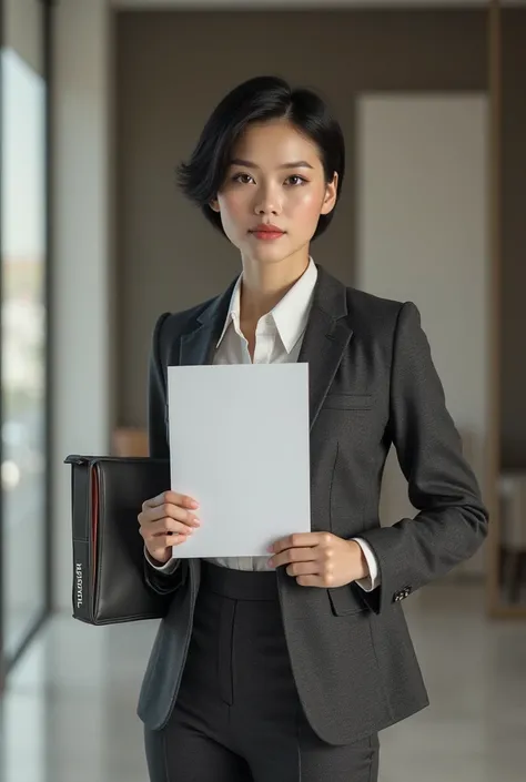 An ultra realistic woman, White with short black hair, successful, businesswoman, vestida como uma businesswoman, holding an A4 paper towards the camera, placing emphasis on paper. 