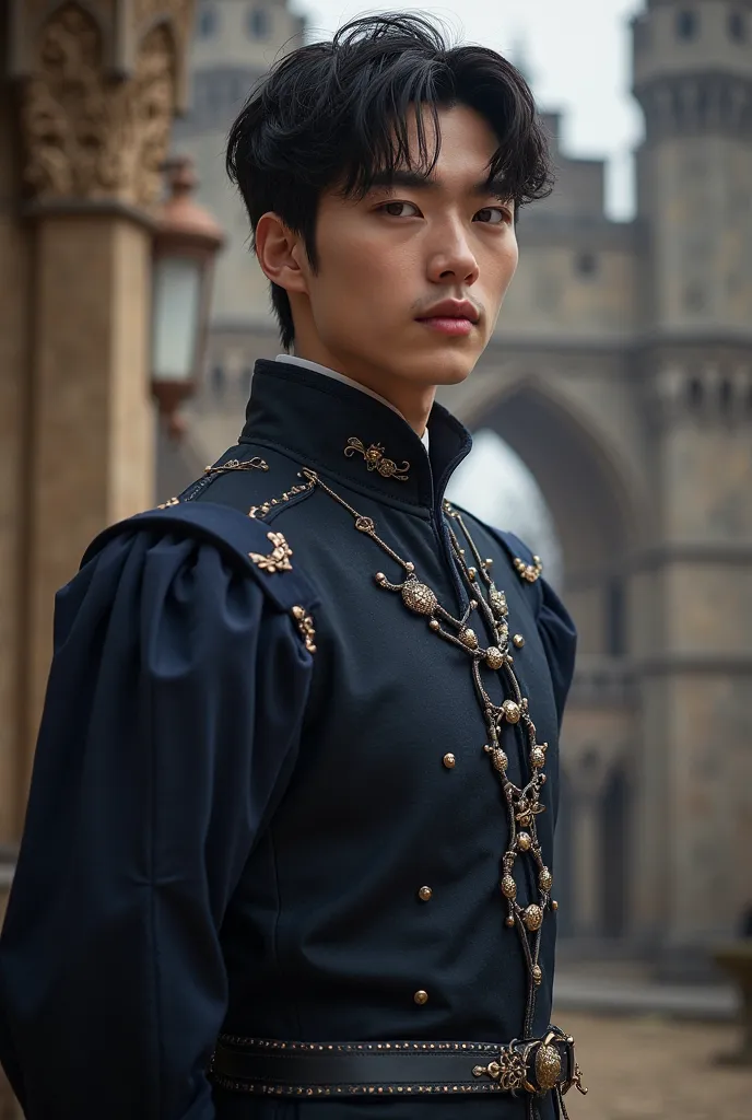 Jaemin, Positive, Twink, Lips parted, (Dark navy hair:1.2), Dark navy Prince Regal outfit, (Ultra-realistic:1.2), (close:1.2), (Gothic European castle background:1.2), (Complex:1.2), (View your viewers:1.2), Men&#39;s Center, 1 male, Arms clasped behind ba...