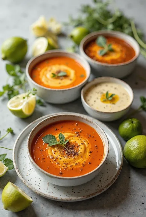 Some soups on a plate with green lemons next to the cup 