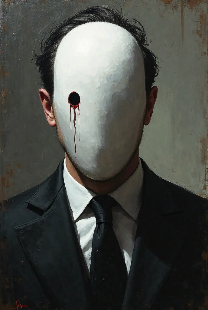 A man with a mask turned white without expression, formal dress, with hair, with a drip of blood on the mask, in an impressionist style, thick paint strokes, 