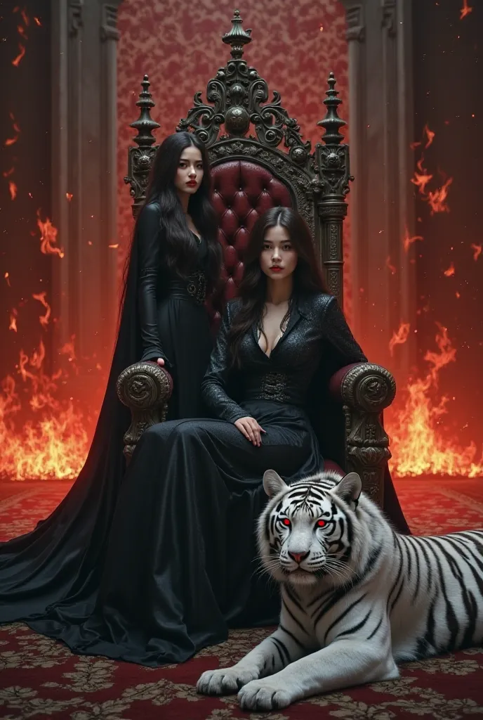 Two Asian women, One vampire woman sits on the throne, the second vampire woman stands near the throne,  like in the series  "Game of Thrones". royal hall , Darkness and fire surround them, a big black wolf and a big white tiger with red eyes lie on the fl...