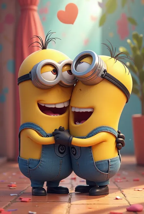 two minions hugging