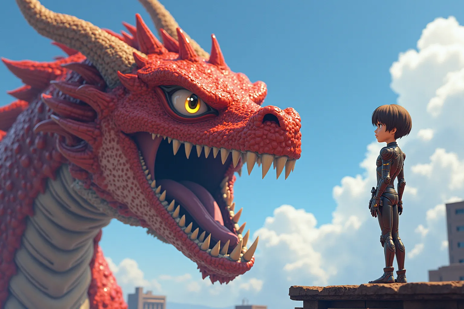 A 3d shonen anime style shot of a young adult male on the right, with a slim physique, standing on a roof next the massive head of a dragon. The male is Dressed in skimpy sci-fi armor, tan skin, round butt, clean-shaved face, brown eyes, straight bowl cut ...