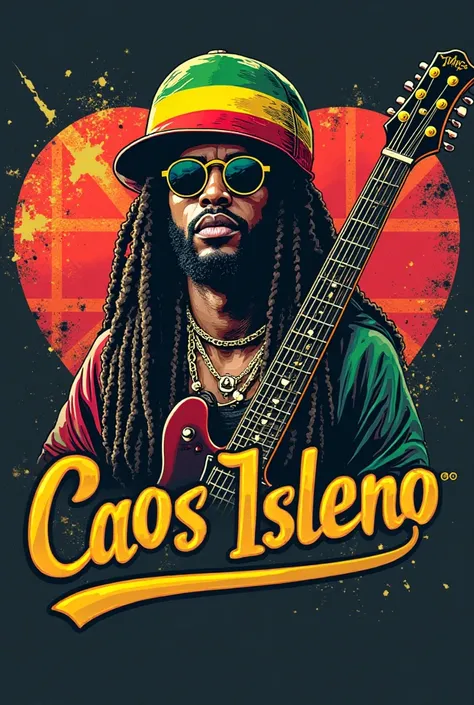 create a logo of rock band with flag rastafari with hippie glasses and hip hop hat and guitar electric and britanish heart, named caos isleno