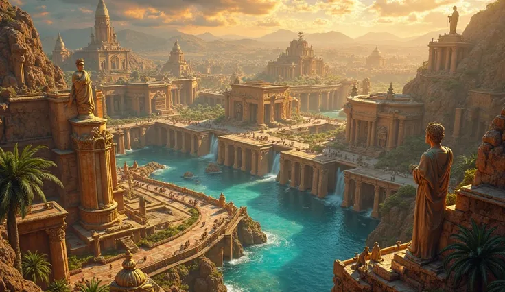 "A kingdom blessed with unmatched power, resources, and knowledge—the Lost City of Atlantis. A breathtaking view of an advanced yet ancient civilization, filled with towering golden palaces, marble temples, and intricate waterways glowing with mystical ene...