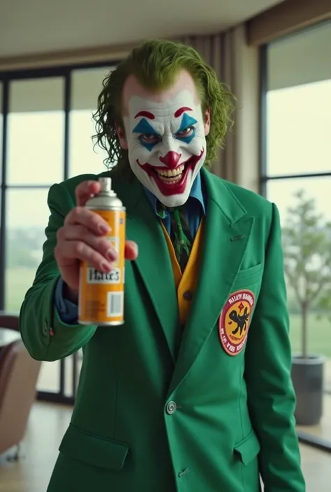  "The Joker is standing and laughing maniacally, wearing a green Squid Game tracksuit with a numbered patch. He is holding a can of insect killer spray (Hit spray) in his hand and spraying it directly toward the camera, creating a dramatic and intense effe...