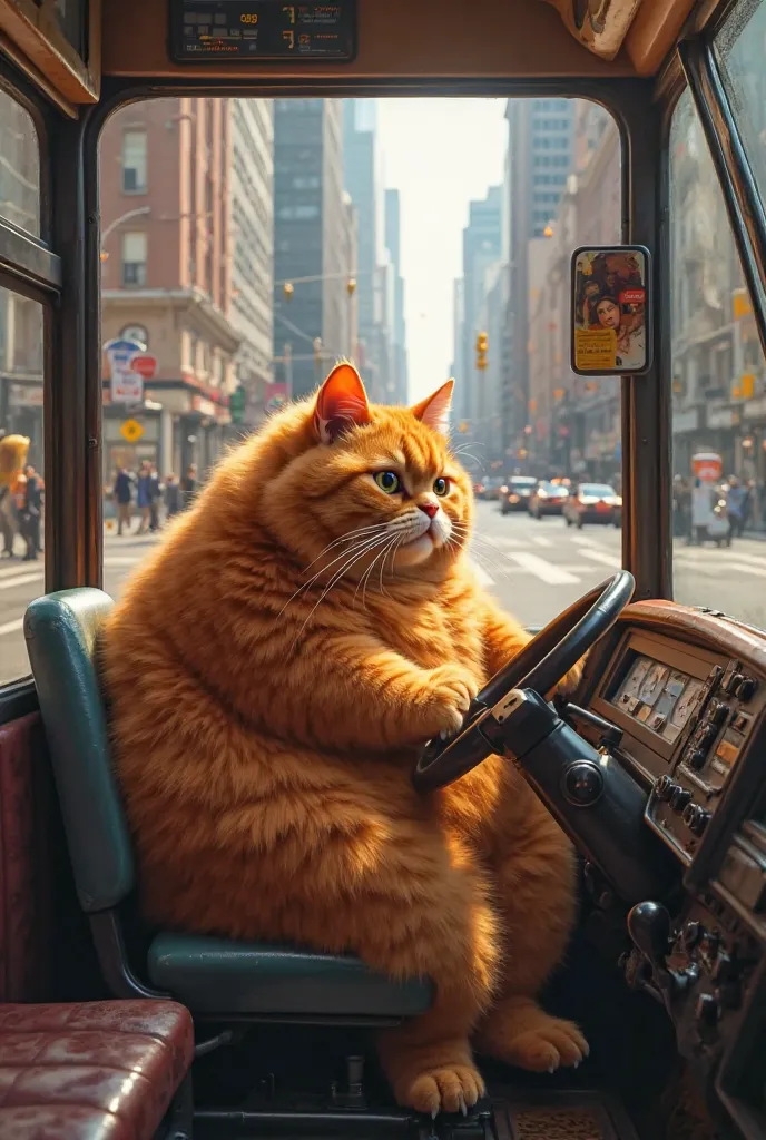 Realistic fat orange cat driving bus 