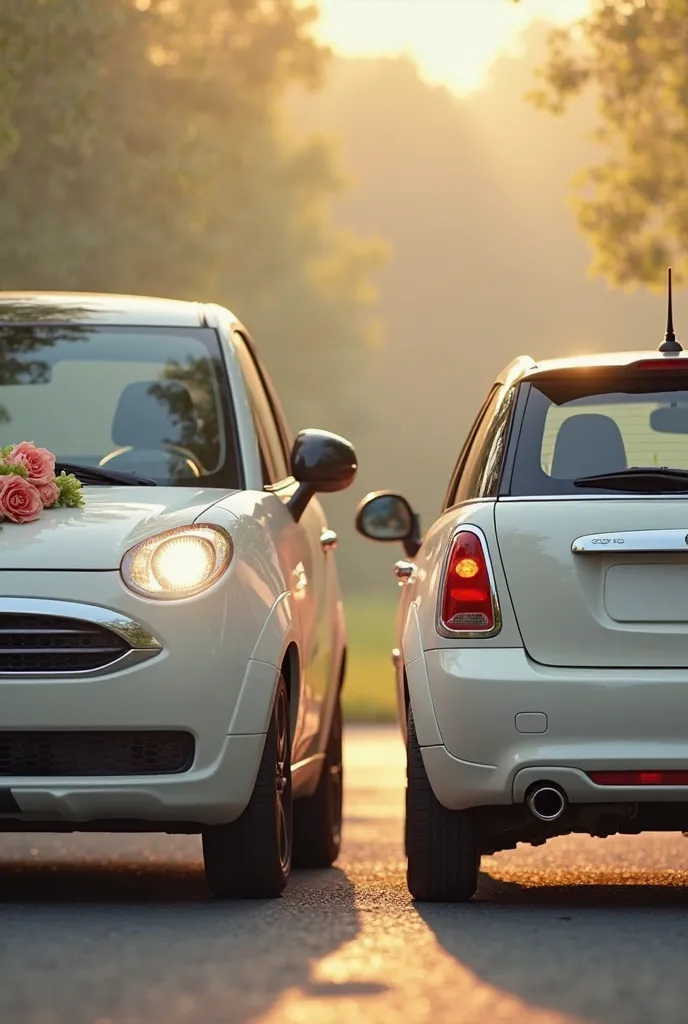 A creative Mother's Day image showing two cars of the same make and model parked side by side, but with one being a large, spacious version and the other a smaller, more compact version. The large car represents the mother, symbolizing strength, protection...