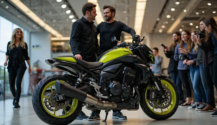 A captivating photo of the 2025   KAWASAKI GPZ900RS Street Glide unveiling in a sleek, modern showroom. The motorcycle, painted in a striking black and yellow, boasts a streamlined design, Two individuals work together to unveil the bike, their expressions...