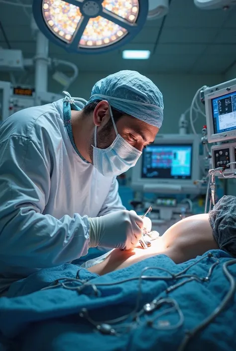 A doctor performing surgery using high technology 
