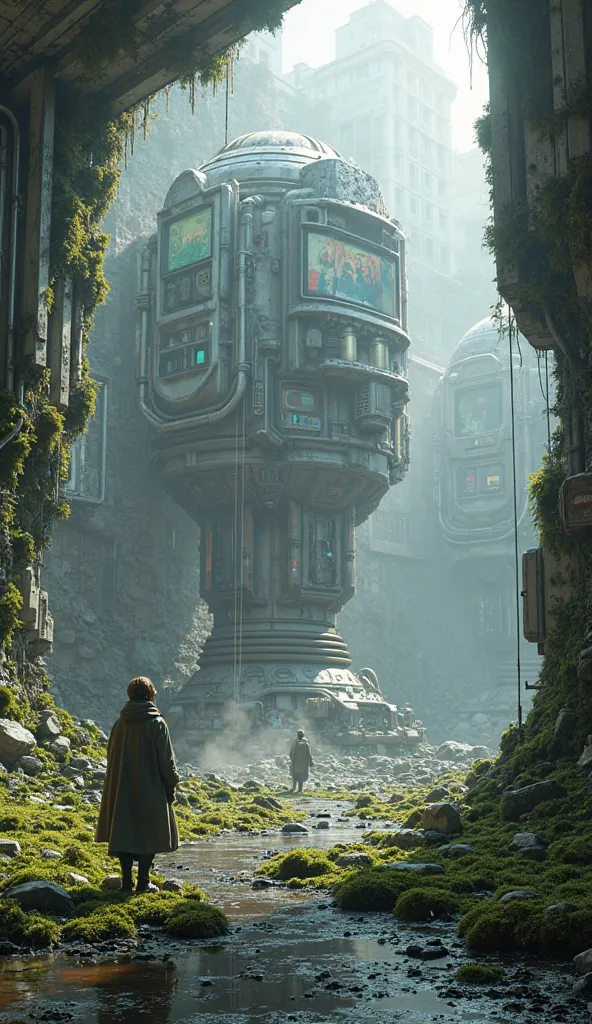 A futuristic enclosed area, a destroyed futuristic laboratory, a futuristic energy reactor, irregular, moss