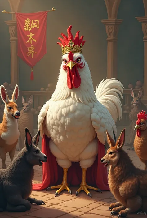 A chicken in the kingdom with a crown , while all the animals kneel down idolizing, Animals being a donkey,  a chicken , Before him, and the flag contains the text (osno)