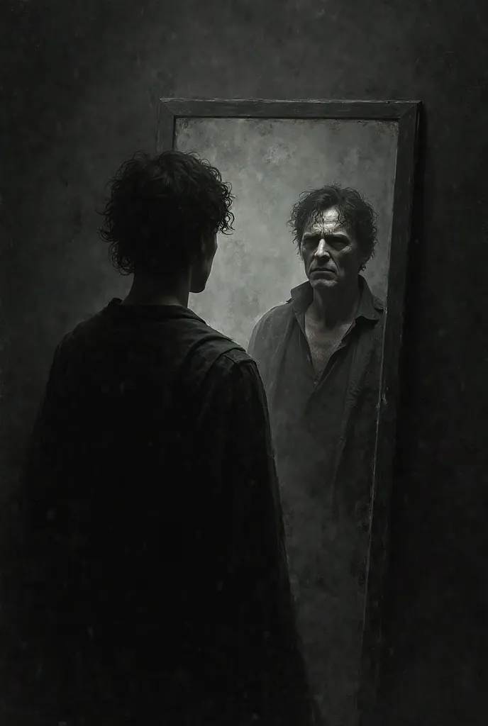 A man looking in a mirror in a room filled with black-and-white darkness 