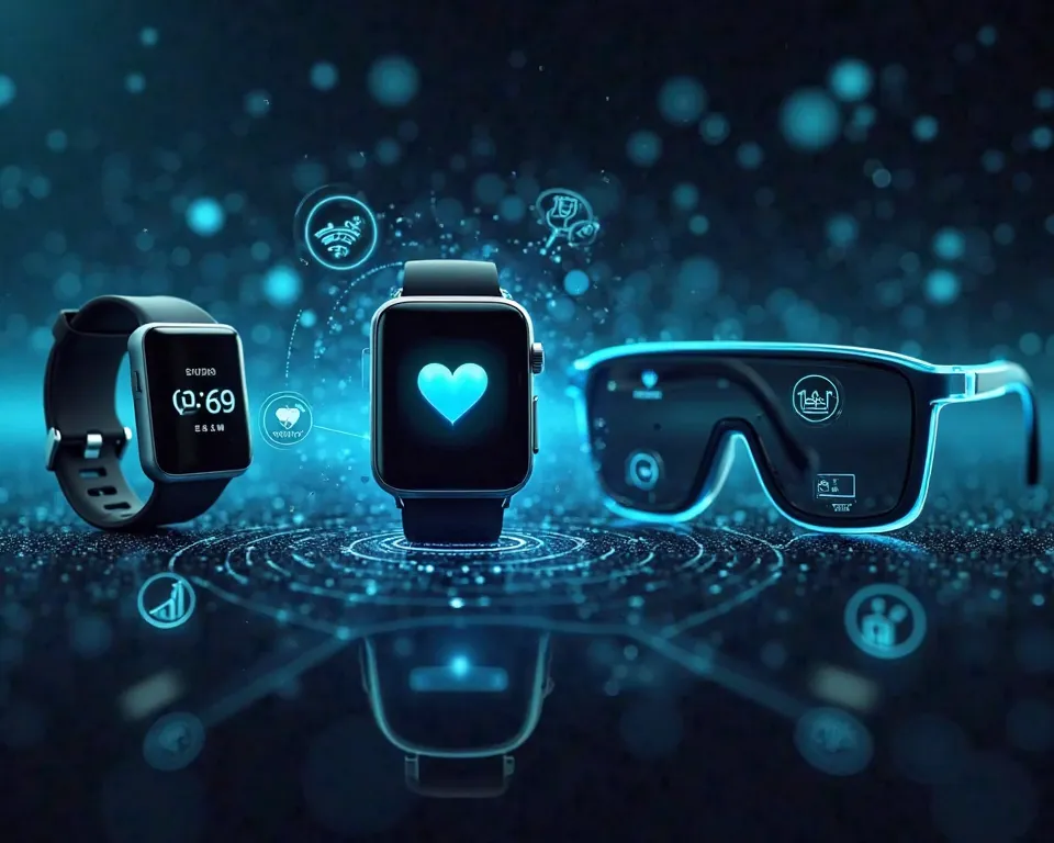 A futuristic digital interface displaying various wearable devices like smartwatches, AR glasses, and fitness trackers. The image showcases connectivity icons (Wi-Fi, Bluetooth, GPS), health monitoring visuals (heart rate, sleep tracking, step counter), an...