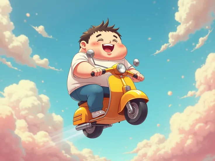 A very cute fat guy sitting on a small motorcycle, And flying the bike, 8k, detailed, anime, design