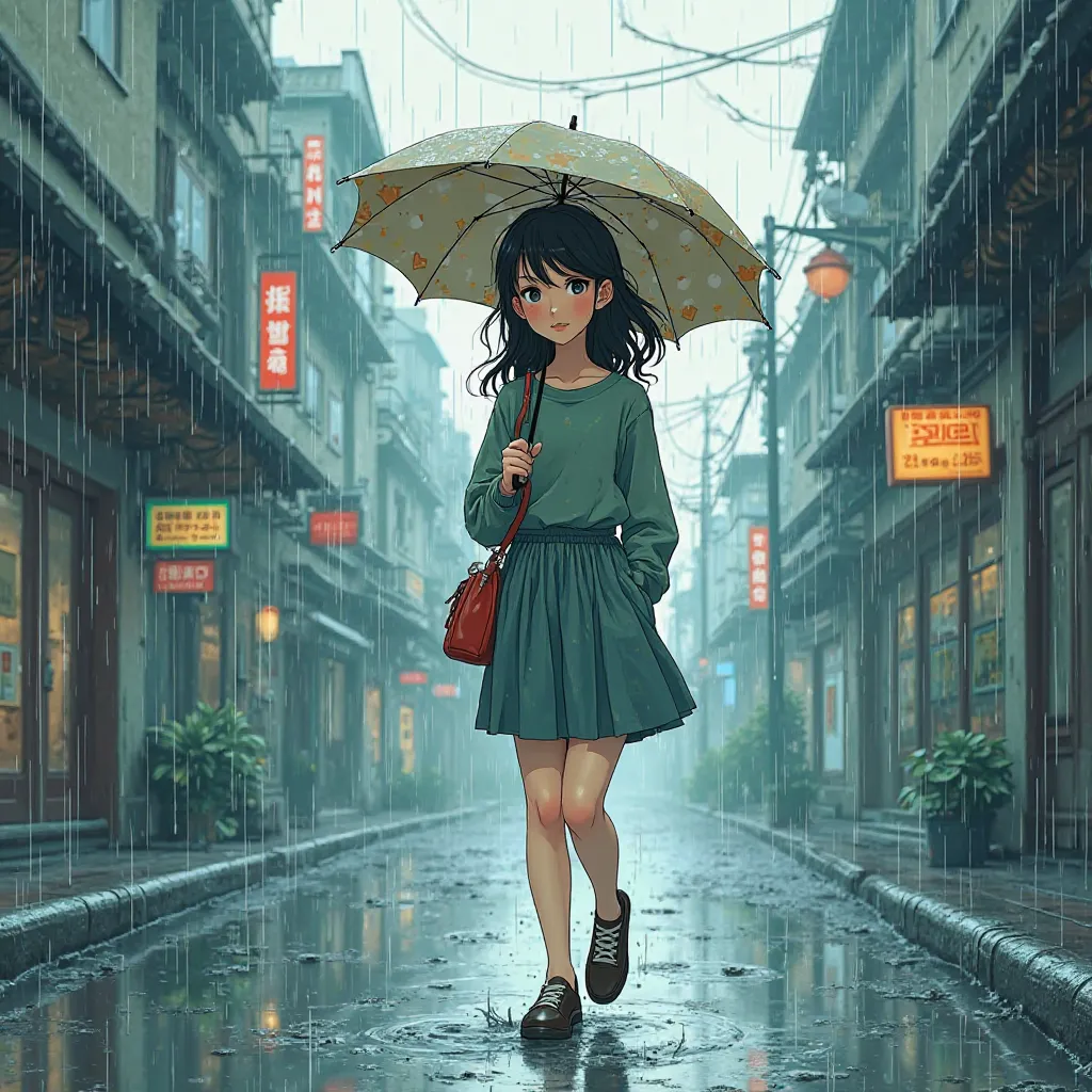 Rainy day female character walking in the animated city with an umbrella in anime concept 