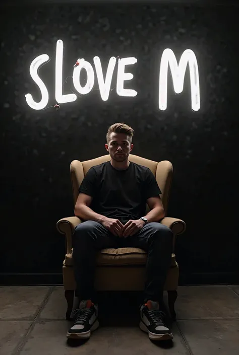 Create a 3d Illinois for a profile picture Where a  Old cut boy In a black shirt Sitting Casually On a wingback chair. Wearing sneakers he looks ahead. The background feature " S LOVE M " in big and capital white neon light fonts on the dark Black Wall. Th...