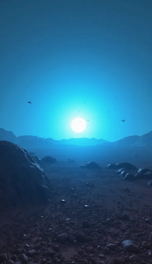 “A serene blue sunset of a blue Martian sun dipping below the dusty horizon, casting a cool azure glow on a rocky Martian landscape, with scattered boulders and a thin, hazy atmosphere.”