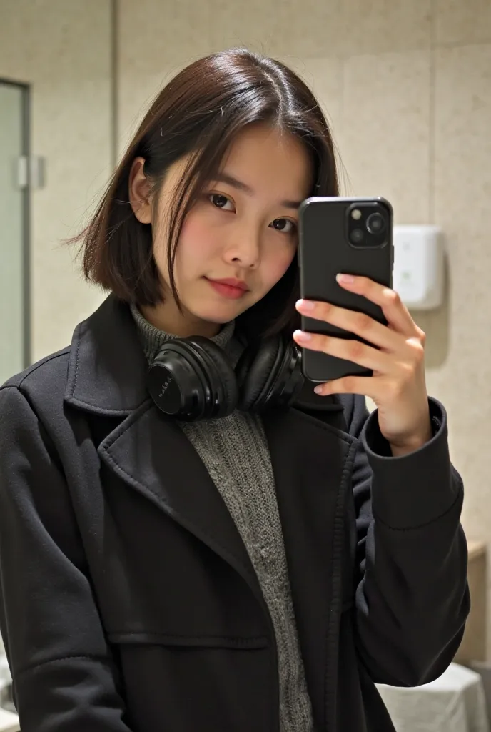 A young girl with refined features and fair skin stands in front of a bathroom mirror, taking a selfie. . She has a neat haircut with straight, dark hair, elegantly arranged. Her face has soft, expressive lines, with high cheekbones, with a straight nose a...