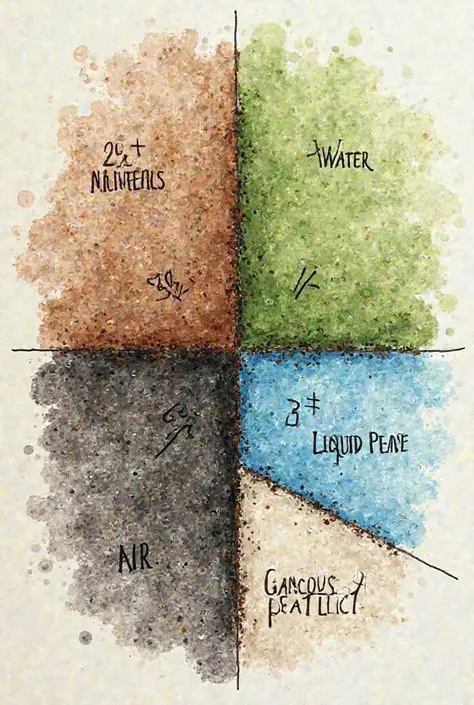 An illustration in the form of a pastel, representing the composition of the soil with its different components and percentages reflected visually. The pastel is divided into four sections: 45% of minerals, 5% of organic matter, 25% of liquid phase (Water)...