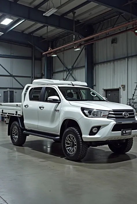 image of a Toyota Hilux in white, with the cargo box (flatbed) also in white and with a modified design for off-road. The van has sturdy tires, side steps and an elegant and modern finish. The background is a contemporary industrial garage, with lighting t...