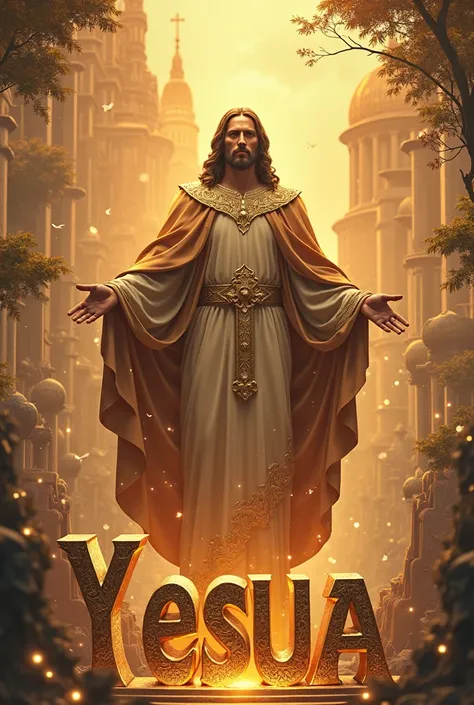 Jesus as King in the City of God in Gold. Under the face a 3D design letters in Latin Spanish forming the word in Latin Spanish " Yeshua". Spectacular design .  Sunset with trees .  realistic design  