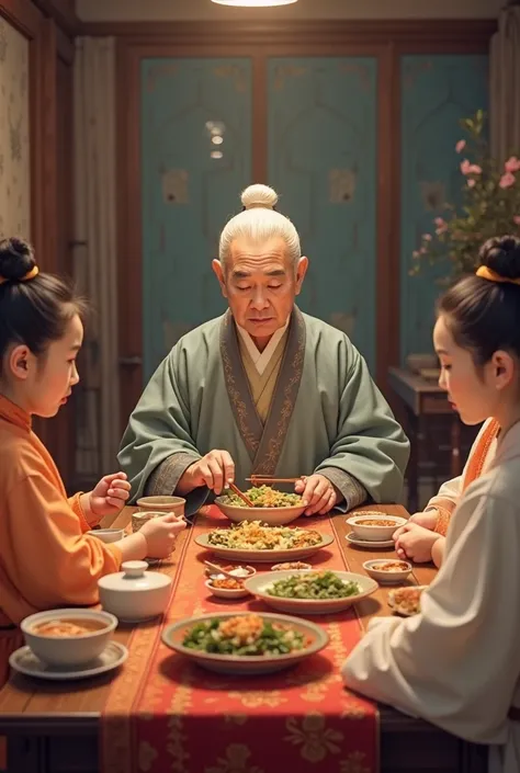 Korean family has dinner, led by the oldest family member 