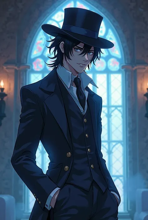 a close up of a person standing in a room with a hat on, dapper dream demon, summoning undead friends, arcane style!!!!!, style of final + fantasy + 1 5, inspired gacha club game, style of maple story, stylish deity, skinny male fantasy alchemist, demon ma...