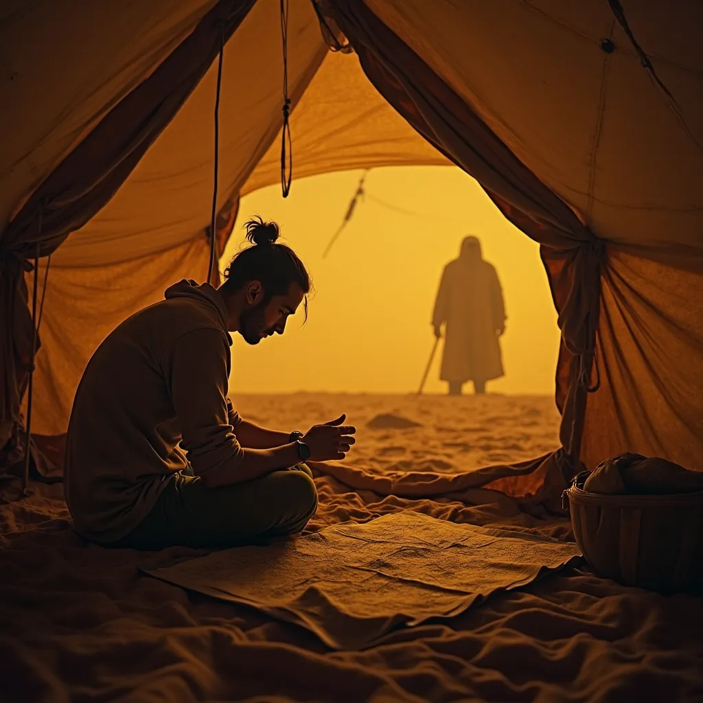 An expedition tent in the middle of the desert illuminated by a faint yellow light. An archaeologist is in, reviewing ancient maps and connections between civilizations. outside, the silhouette of a mysterious figure is glimpsed in the sandstorm.