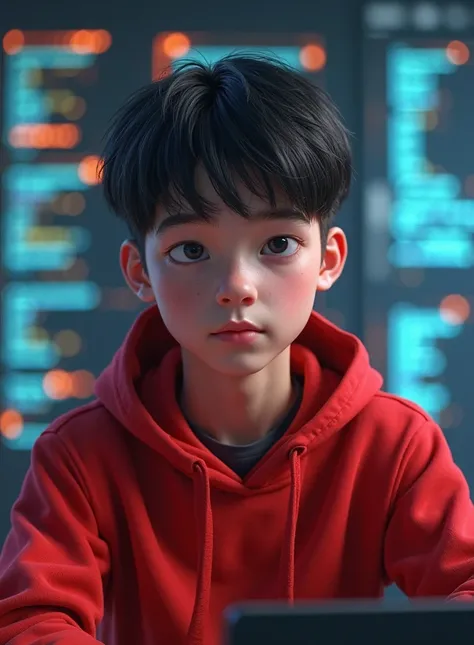 I created a 3D avatar of a 21-year-old boy with straight short hair with a black eye and with the background of the scenario focused on programming and put him in a red sweatshirt 