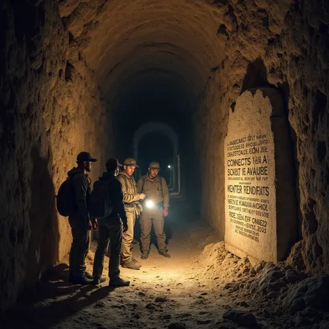 A group of archaeologists in an underground corridor, with flashlights in hand, they discover an inscription on a stone that connects distant cultures. An inexplicable breeze turns off their lights for a moment.