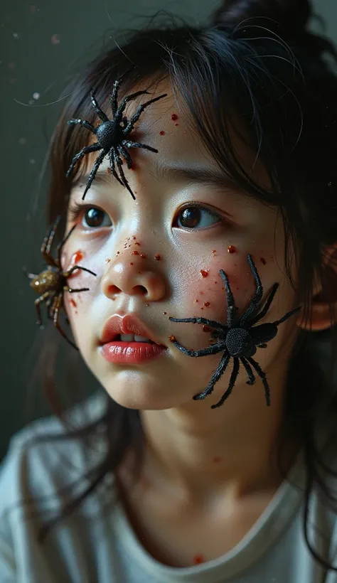 "A highly realistic, emotionally intense close-up portrait of a young Korean girl, approximately 8-, crying uncontrollably. Her face is covered with large, hairy, and terrifying spiders (such as tarantulas or wolf spiders), crawling over her forehead, chee...