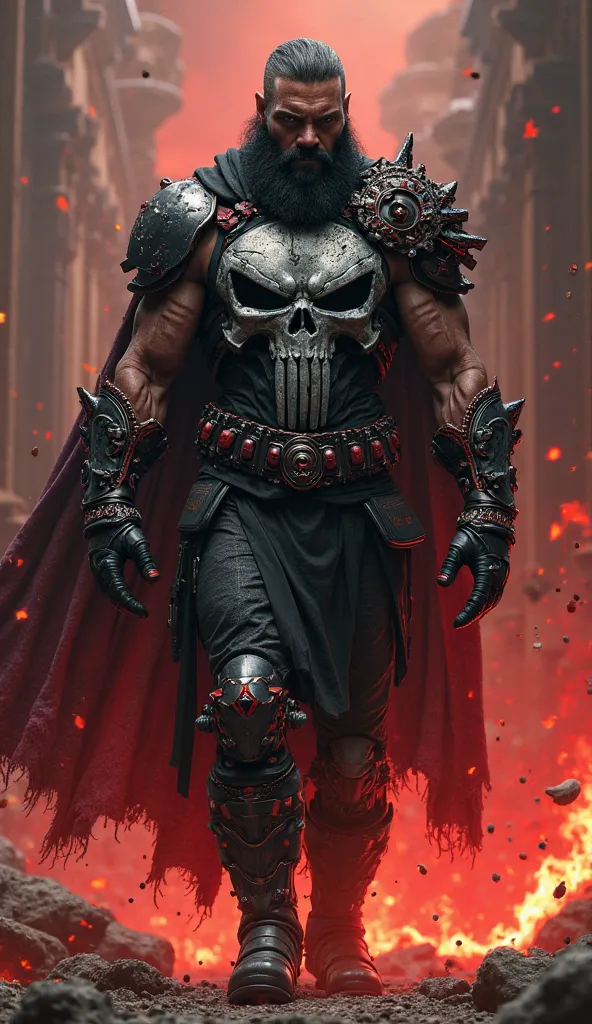 The Marvel Punisher with his Greek God-style costume( Hades)  walking towards the camera. 