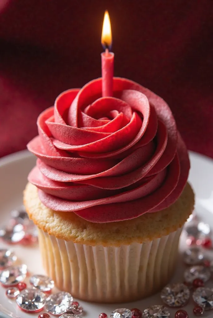 A cupckey with a candle on it,And the meringue in the shape of a rose but a crimson red color,And on the plate where the cupckey is there are white diamonds 