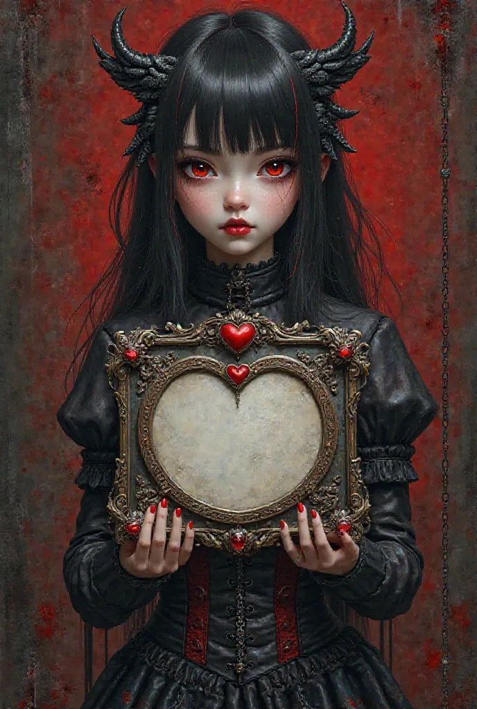 A girl dressed in a corset, black details, red eyes, long black hair with a circle in her hand, holding a sign with space to put a name surrounded by chains and red diamond hearts, the sign is very detailed and decorated.  ....  Vampiric style