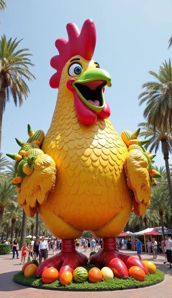 A giant anthropomorphic chicken with exaggerated cartoonish features, standing in an outdoor park with palm trees in the background. The chicken has a bright red comb, a green beak, and a wide, cheerful expression. Its body is textured with golden-yellow s...