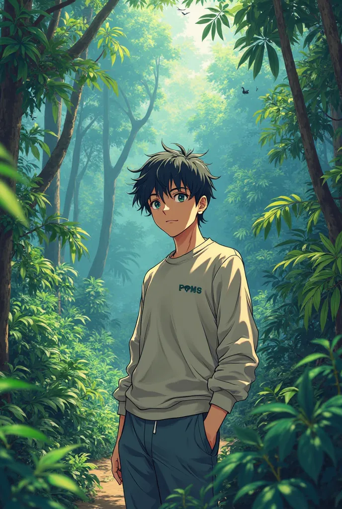 A famous anime character in the jungle and in his sweatshirt say Last Island 