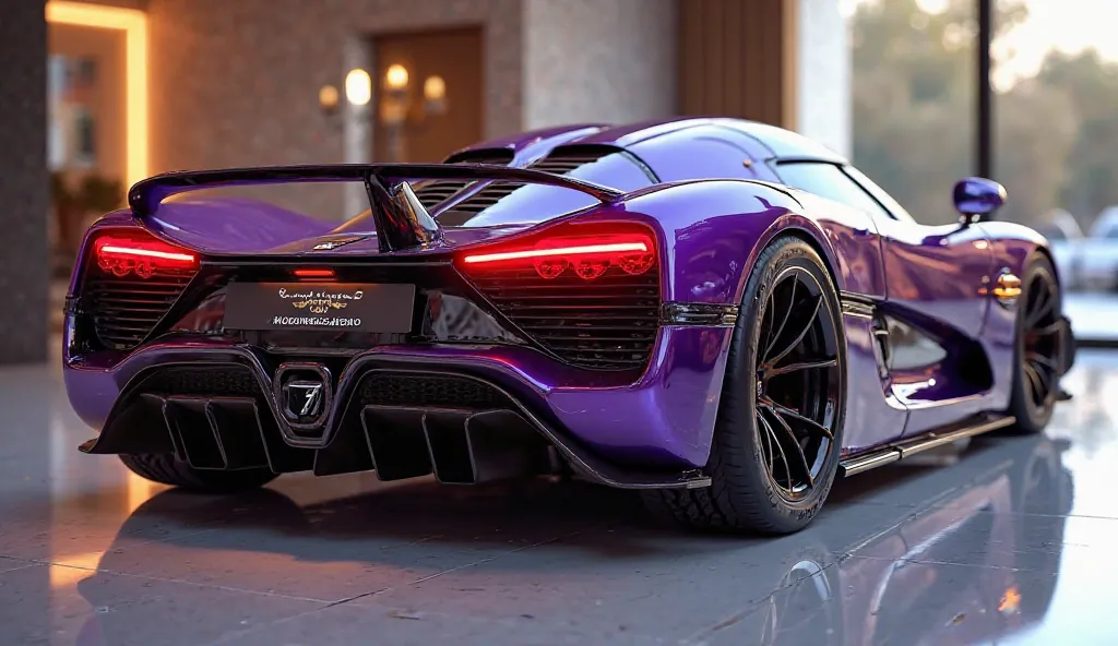 3D render of a heavily modified (2025 Koenigsegg jesko )in(sedan)in (purple our Gold)colour, (only full back view) The car features, ultra-high-detail glossy and shiny modifications, including sleek add-ons. The (77) logo is prominently displayed on, the (...