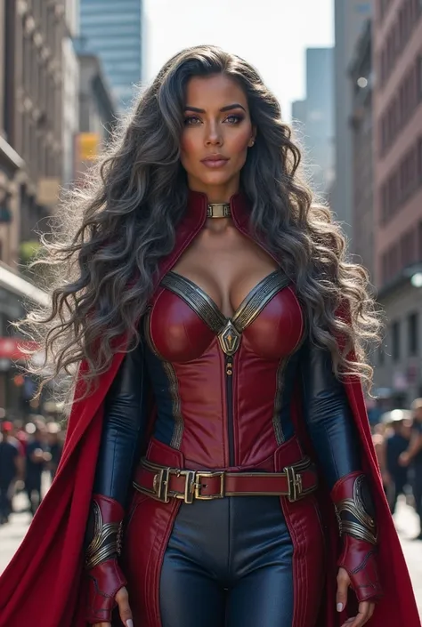 Photorealistic beautiful youthful looking kim kardashian as a 50 years old woman as the the scarlet witch with long completely gray hair in a long curly hairstyle still very young looking dressed as the scarlet witch, long gray hair, taking pictures from a...