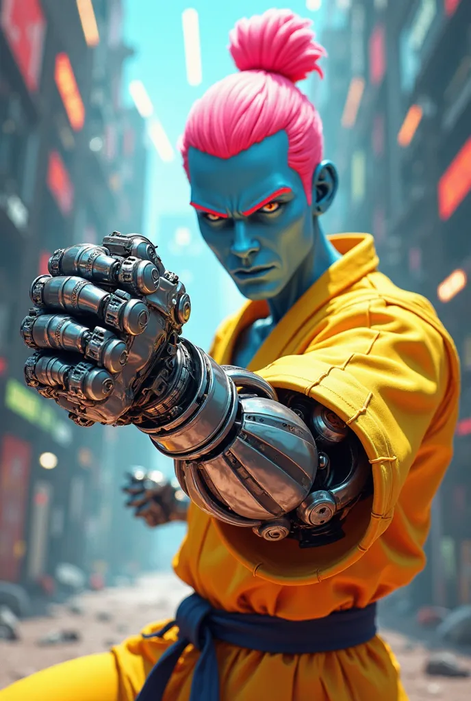 close up shot front fist punching, robotic arms, cartoon, anime, comic, futuristic backround, skinny arm, he is all blue skin, pink man bun hair, wearing yellow karate suit, right arm robotic