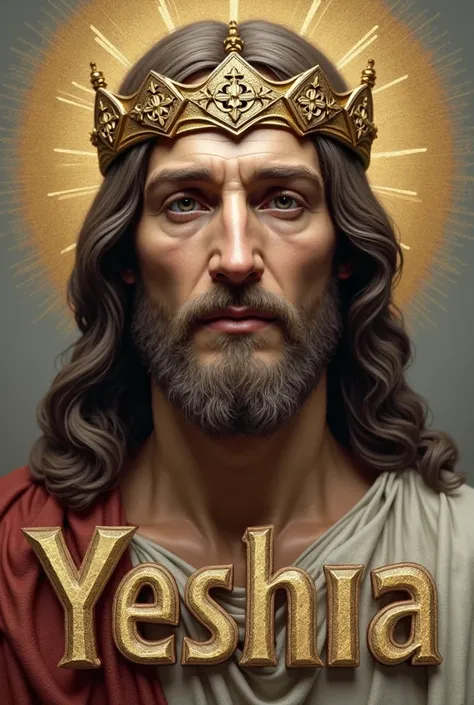 Face of Jesus with gold crown and 7 headbands. Below Jesus 3D design of letters in Latin Spanish forming the word in Latin Spanish " Yeshua". realistic image quality 