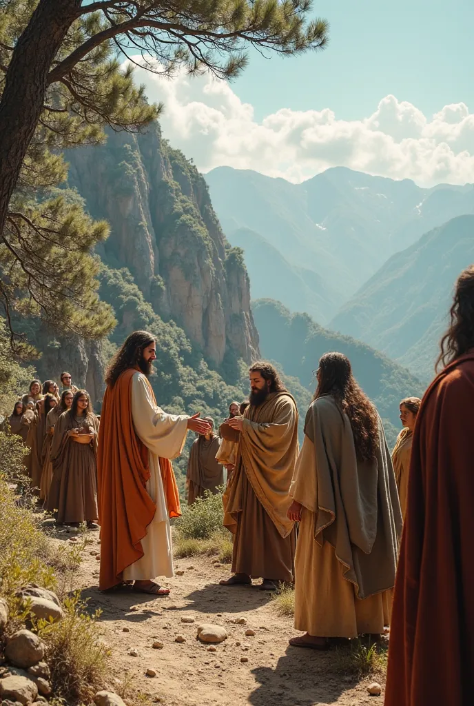 Jesus, Nazarene-looking, with a beard and long hair, giving bread and water to low-income people who look like the time of Moses, in long robes, all gathered together, a tall mountain full of trees and lots of vegetation, with an open and clear sky. 