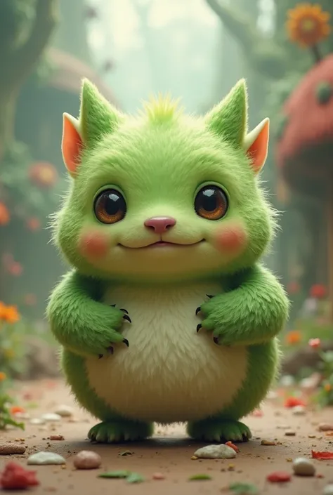 Create a character with fur, is short and plump, 4 legged, round headed, no claws, small slanted eyes, circular small mouth, pointed standing up ears, short stumpy arms, and green