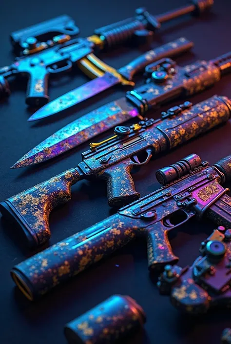 An epic and modern scene with a dark background and neon effects in blue and purple, highlighting an arsenal of rare and luxurious skins of **Counter-Strike 2**. Knives, rifles and personalized pistols shine under the light, with gold details, in chrome an...