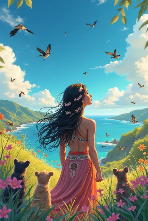 An indigenous woman from the coast with several animals pictured from her back up in an animated anime with flowers 