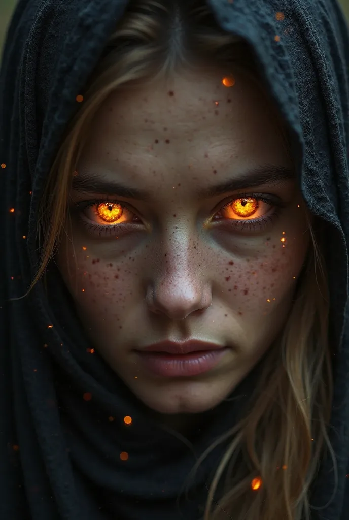 A very clear ultra hd dynamic image of"A close-up of the mysterious woman’s face, capturing the intensity of her eyes. Her irises radiate with a supernatural golden hue, like burning embers. Her gaze is hypnotic, holding both wisdom and challenge. Her expr...