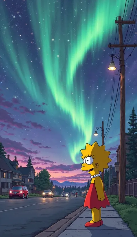 A stunning, realistic scene of the night sky over Springfield, where bright and mesmerizing auroras light up the sky in a dazzling display of colors. The auroras swirl and ripple in vibrant hues of green, purple, blue, and pink, casting an ethereal glow ac...