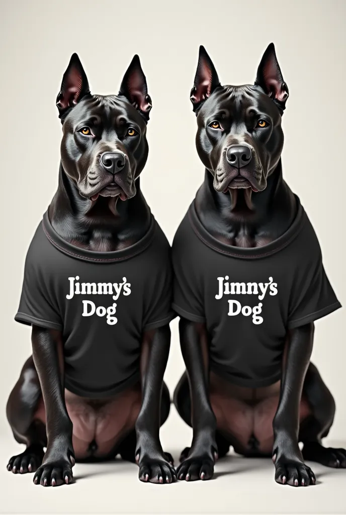 2 black pitbull dogs is wearing crop top shirt with word Jimmy's dog on the crop top