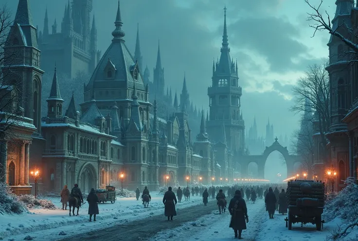 In this captivating dark fantasy masterpiece, a forsaken winter kingdom is depicted in decay, with towering, crumbling palaces and spires enveloped in frost. The enchanted night scene is filled with wide boulevards crowded with people dressed in worn winte...